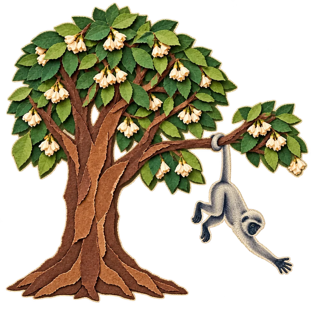 A small grey langur hangs upside down by its tail from a mahua branch, reaching for the red bottle